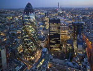 London city at night with view of the Gherkin
