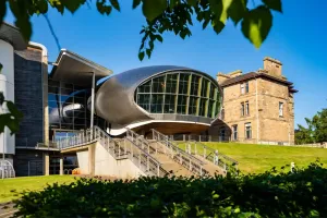 Iconic ENU building with glass-fronted modern architecture in Scotland