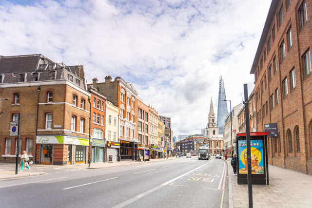 London street with The Shard in the background