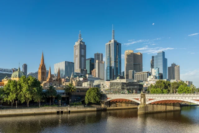 Melbourne Skyline at sunset, with the moon already risen.