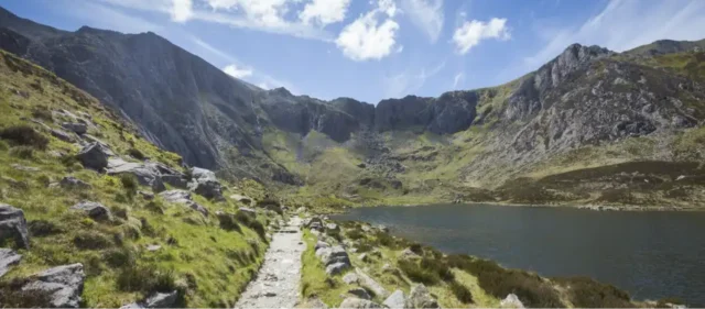 Snowdonia National Park near Bangor University with rugged peaks and water