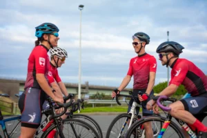 Group of Dundee students cycling together on campus