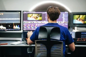 Student using computers in editing suite