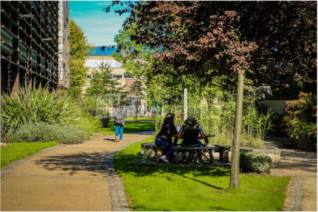 Outside at Bradford Uni with lots of plants and trees. Two students sat at a bench
