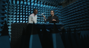 Two people in a recording studio